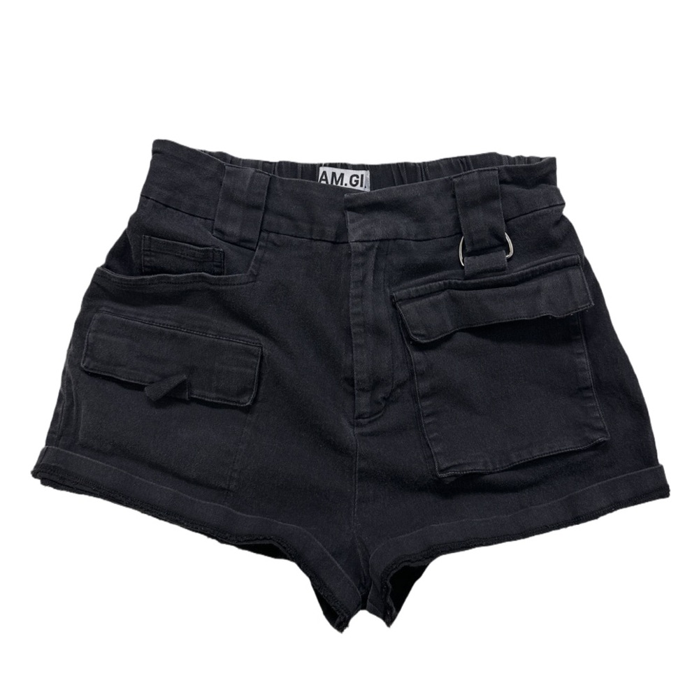 I AM GIA women's black high rise rave mini cargo shorts, S.